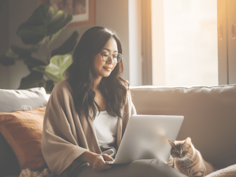 Social Media Reporting for Small Businesses: What to Track and Why It Matters 1 Social Media Reporting feature image woman and laptop on sofa with her cat